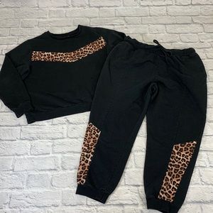 ASOS Sweatshirt Jogger suit set Black leopard print Crop pant Size 12